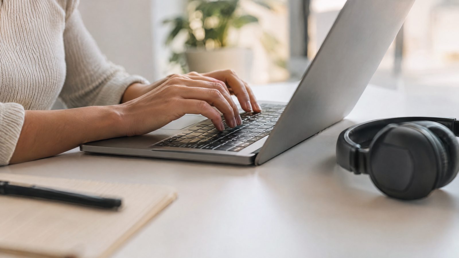 Manos escribiendo en un portátil con unos auriculares sobre la mesa