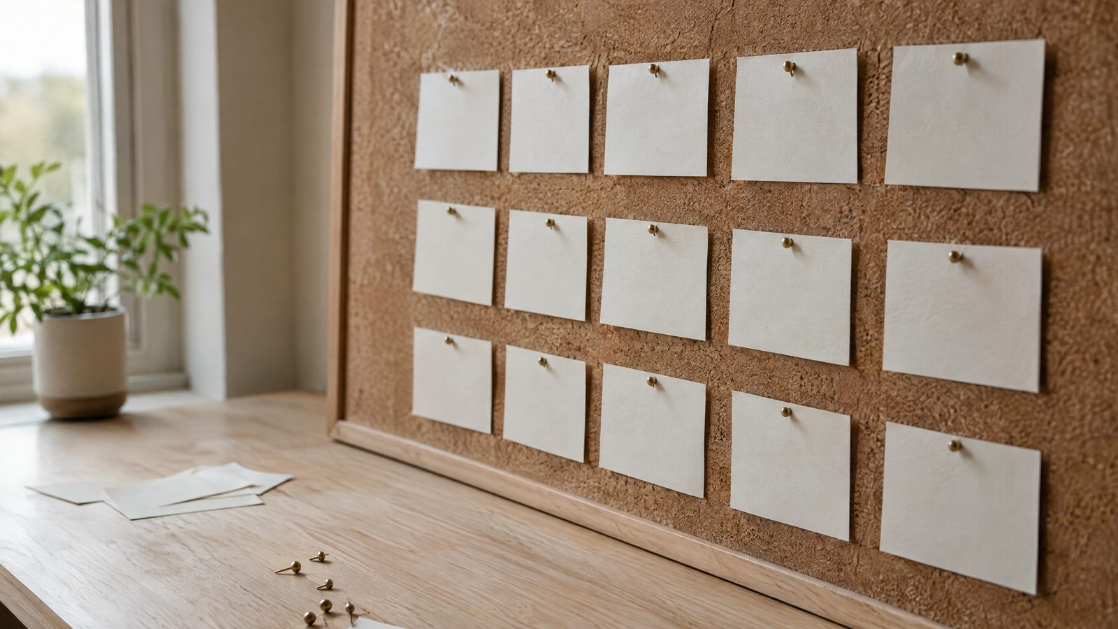 Tablero de corcho con fichas en blanco ordenadas en filas
