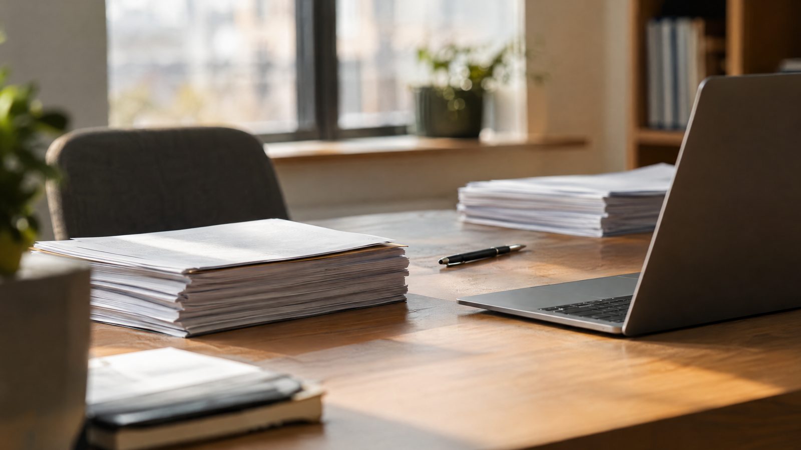 Mesa de oficina con montones de documentos y un portátil abierto
