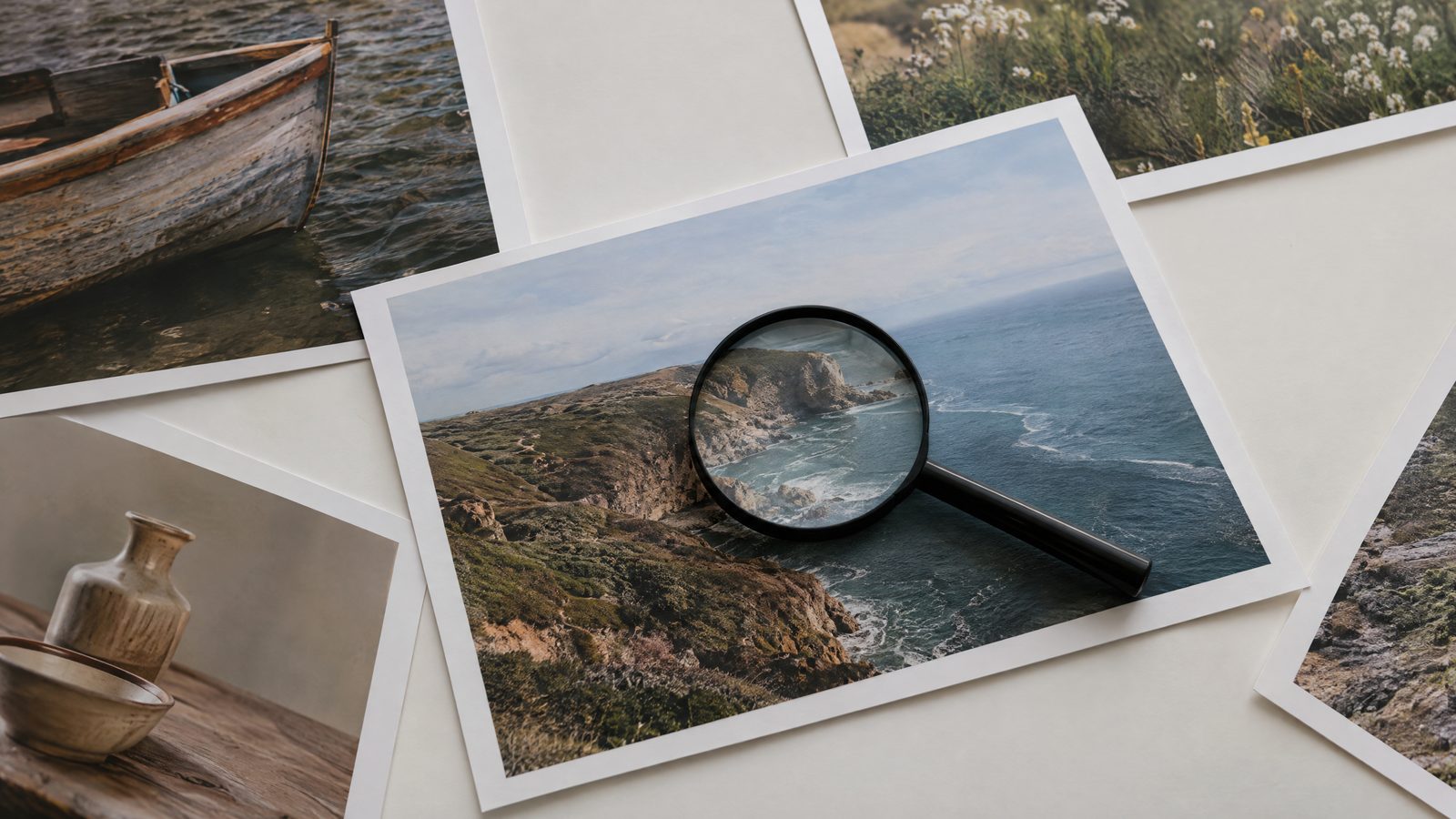 Fotografías impresas sobre una mesa y una lupa encima de una de ellas