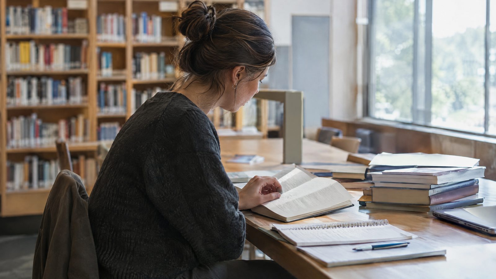 Investigadora leyendo entre libros y cuadernos en una biblioteca luminosa