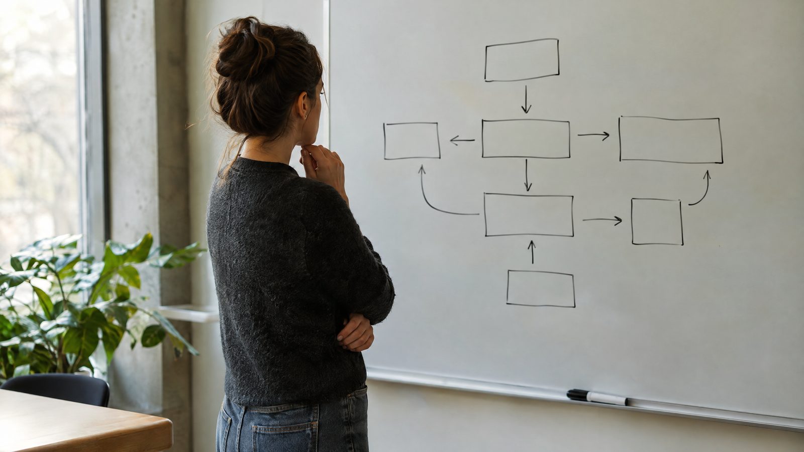 Persona frente a una pizarra con un diagrama de flujo dibujado a mano