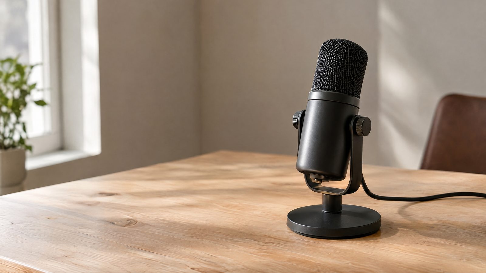 Micrófono de sobremesa sobre una mesa de madera junto a una ventana
