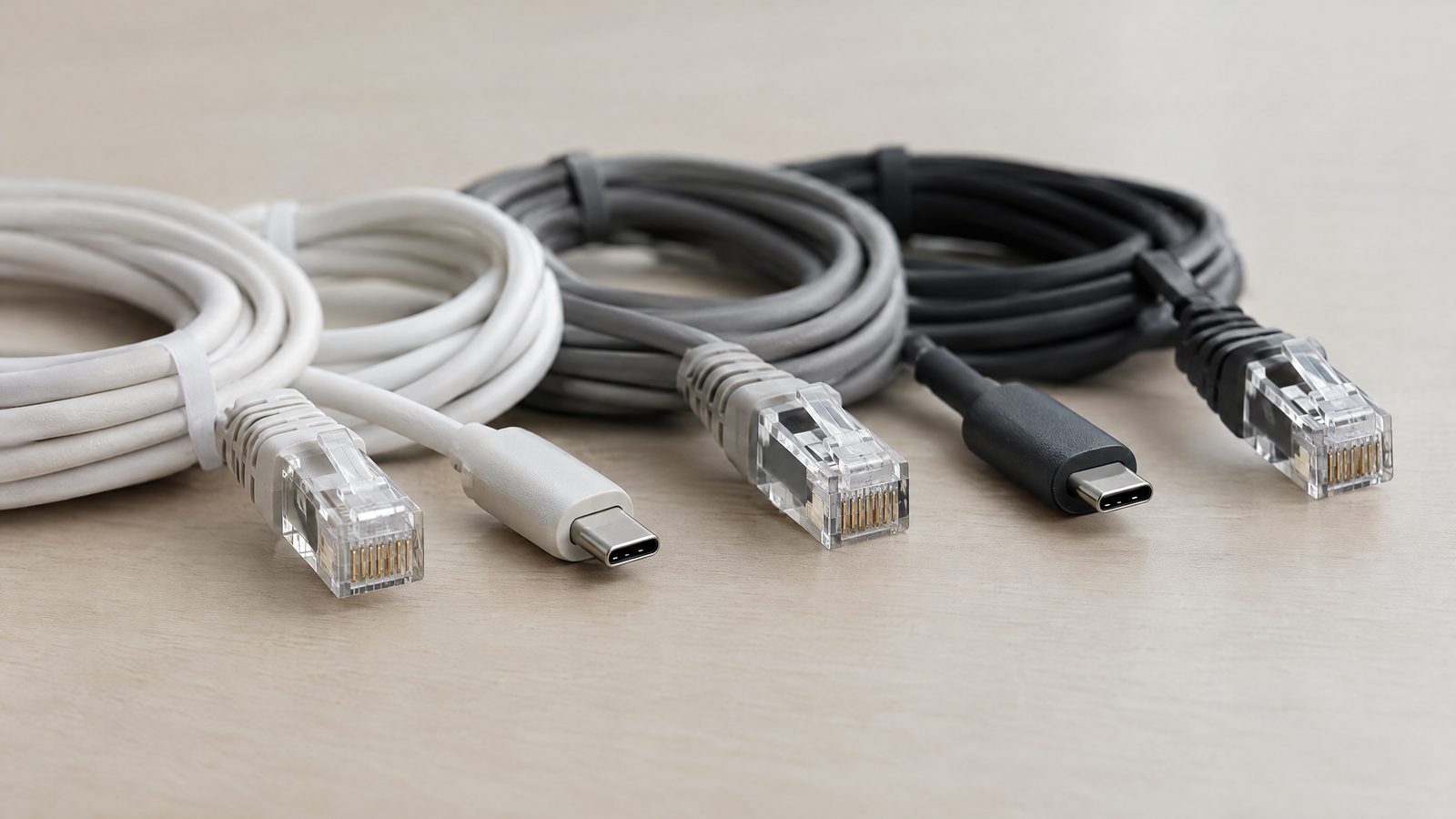 Cables USB-C y de red enrollados y ordenados sobre una mesa clara
