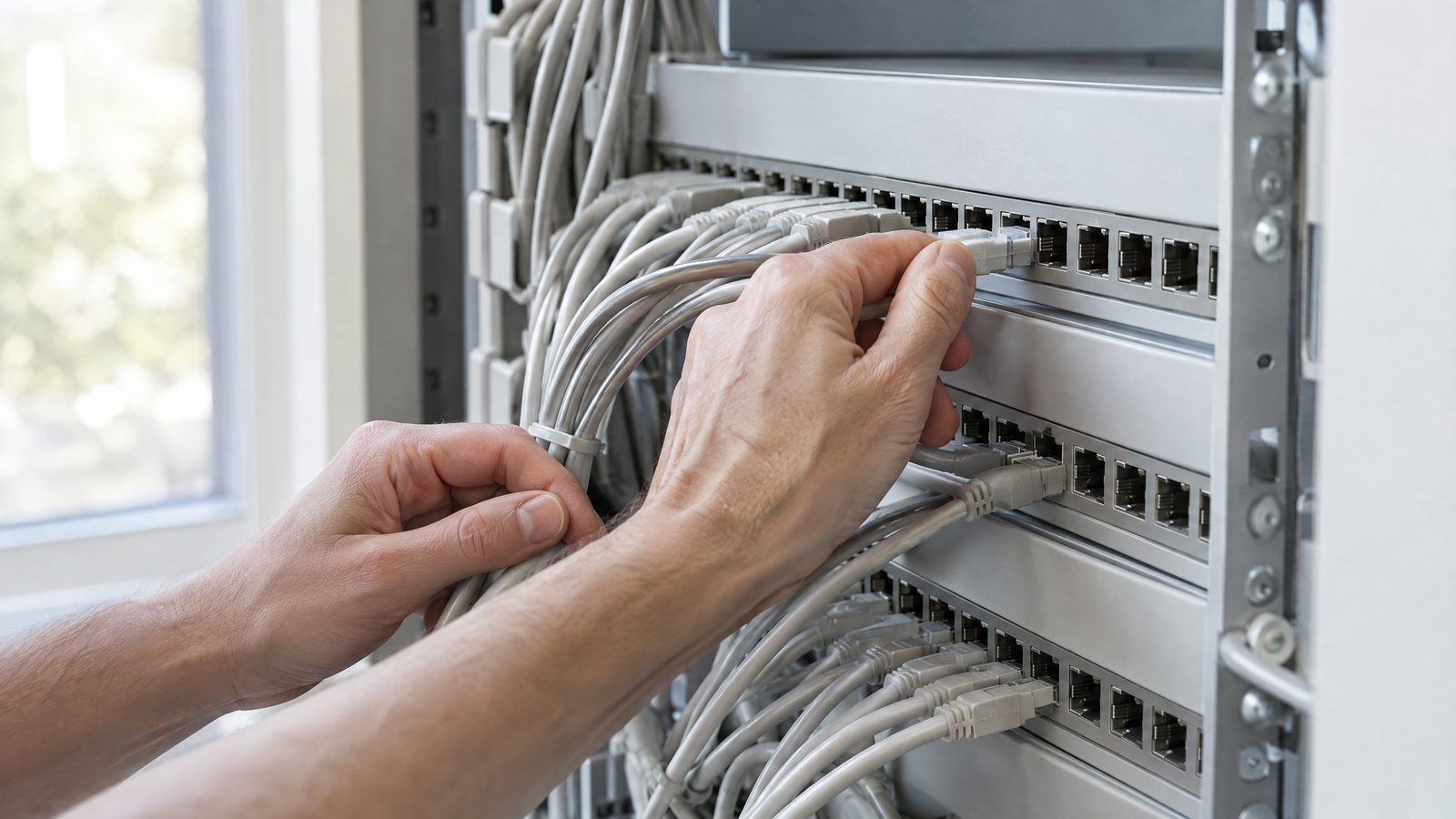 Manos conectando cables de red en un armario de comunicaciones ordenado