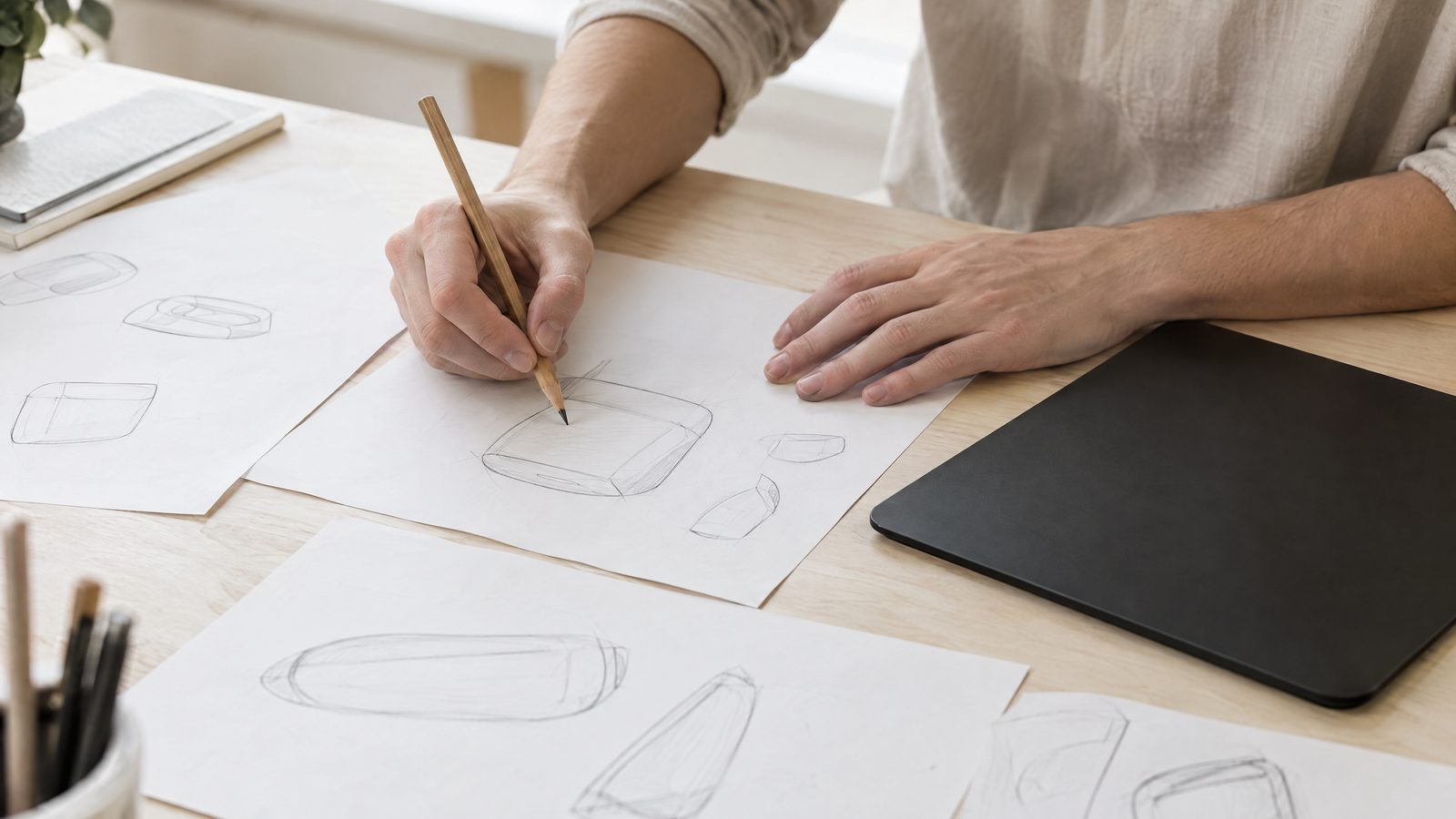 Manos de un diseñador bocetando a lápiz junto a una tableta gráfica
