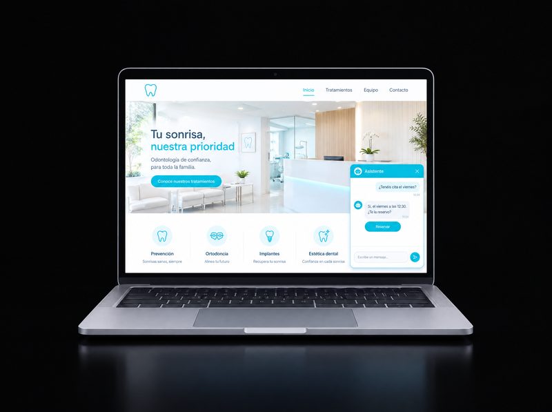 Portátil con la web de una clínica dental y el chat del asistente abierto para reservar cita