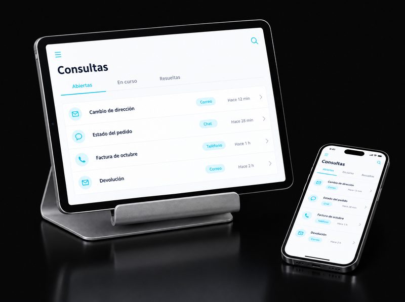 Tableta y móvil con un panel de consultas de clientes ordenadas por estado y canal