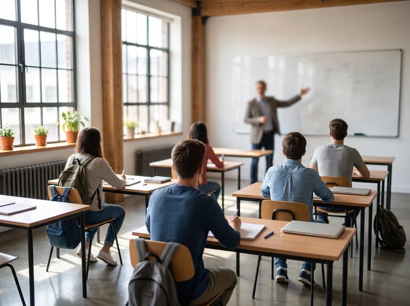 Aula de una academia con alumnos mientras el chatbot con IA del centro responde consultas de cursos y matrículas desde el móvil