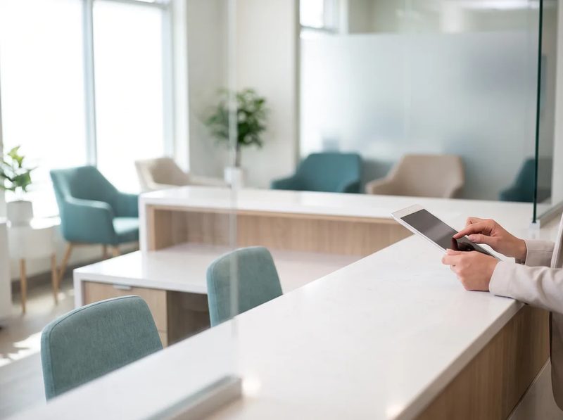 Recepción de una clínica donde el chatbot con inteligencia artificial de AITECA gestiona citas y recordatorios de pacientes