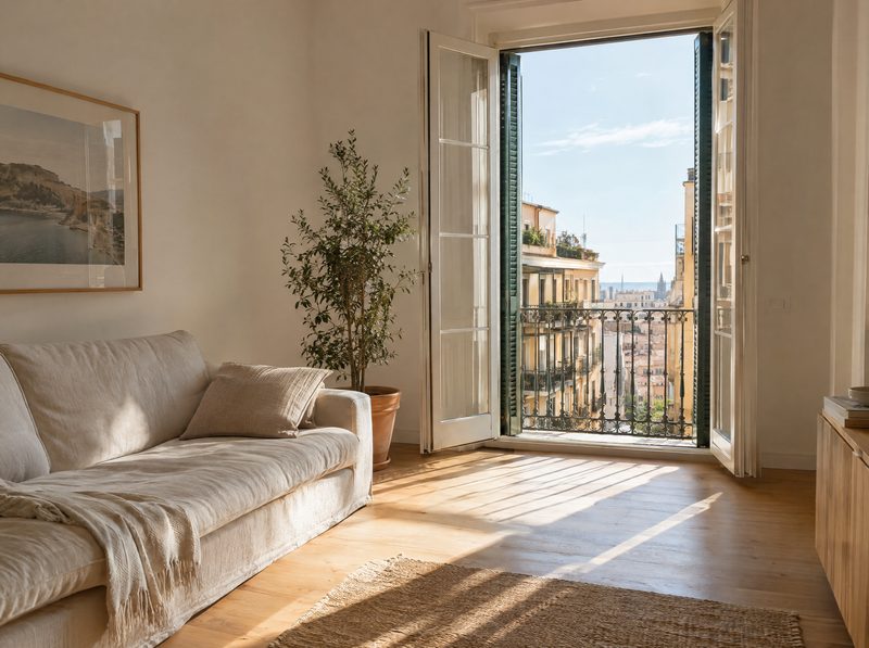 Salón luminoso de un piso mediterráneo con el balcón abierto y luz de tarde